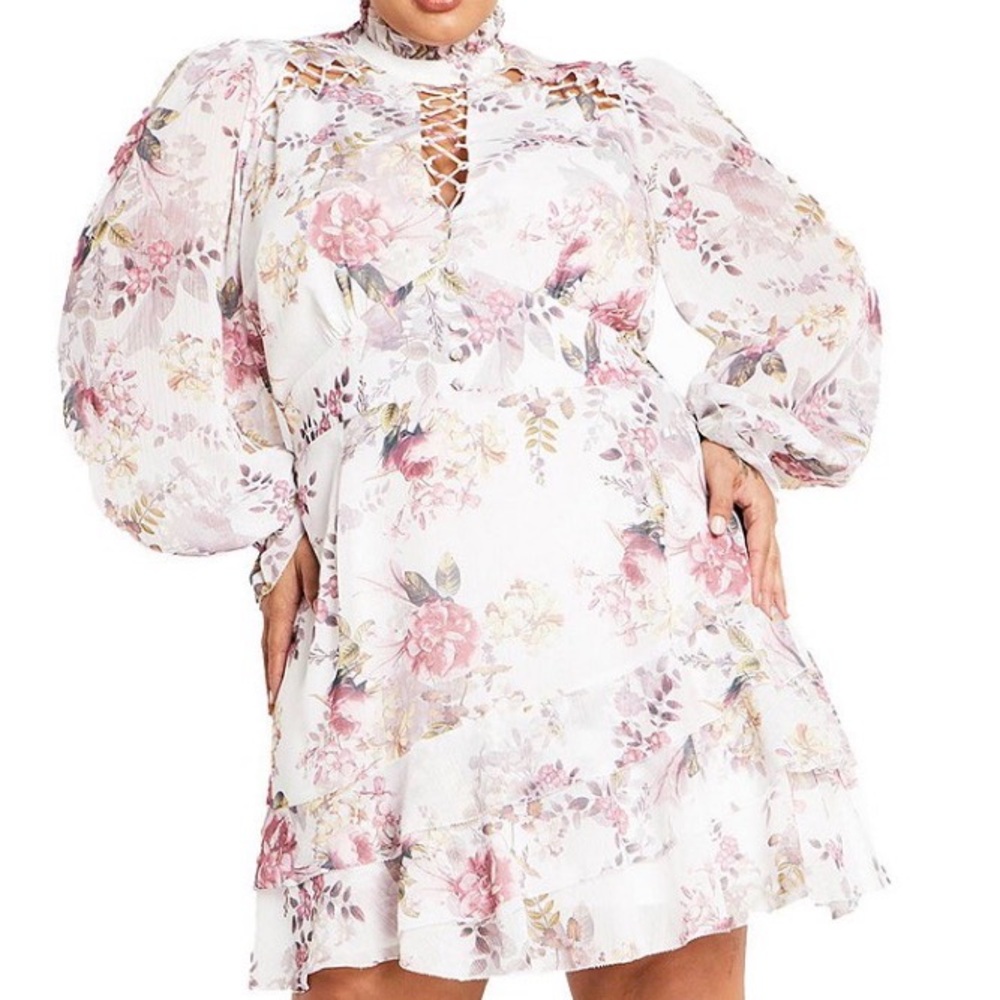 City Chic Floral Long Sleeve Dress - White and Pink Size M/18